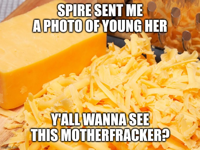 Cheese | SPIRE SENT ME A PHOTO OF YOUNG HER; Y'ALL WANNA SEE THIS MOTHERFRACKER? | image tagged in cheese | made w/ Imgflip meme maker