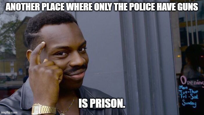 Roll Safe Think About It Meme | ANOTHER PLACE WHERE ONLY THE POLICE HAVE GUNS IS PRISON. | image tagged in memes,roll safe think about it | made w/ Imgflip meme maker