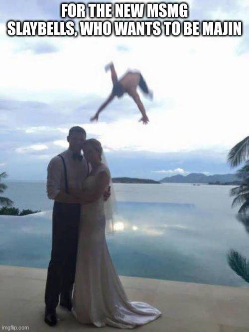 Wedding Photobomb | FOR THE NEW MSMG SLAYBELLS, WHO WANTS TO BE MAJIN | image tagged in wedding photobomb | made w/ Imgflip meme maker
