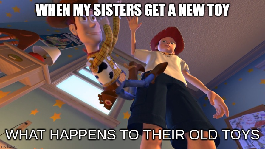 I don't want to play with you anymore | WHEN MY SISTERS GET A NEW TOY; WHAT HAPPENS TO THEIR OLD TOYS | image tagged in i don't want to play with you anymore | made w/ Imgflip meme maker