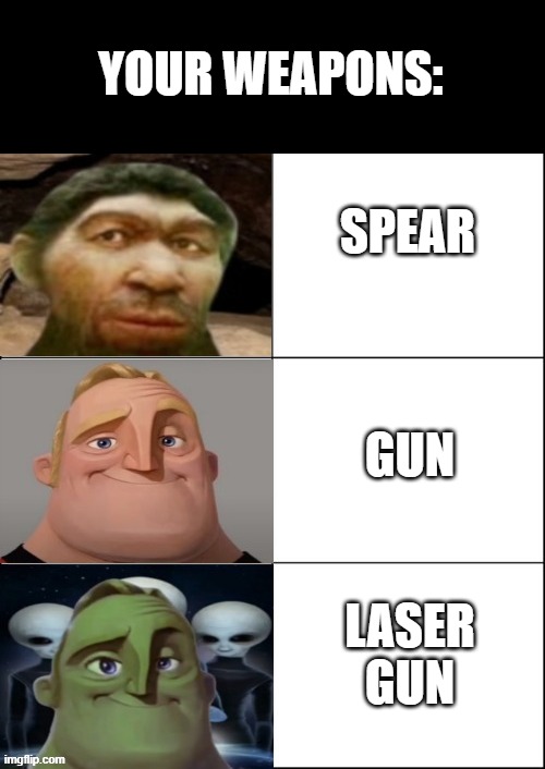 old to futuristic | YOUR WEAPONS:; SPEAR; GUN; LASER GUN | image tagged in mr incredible becoming futuristic | made w/ Imgflip meme maker