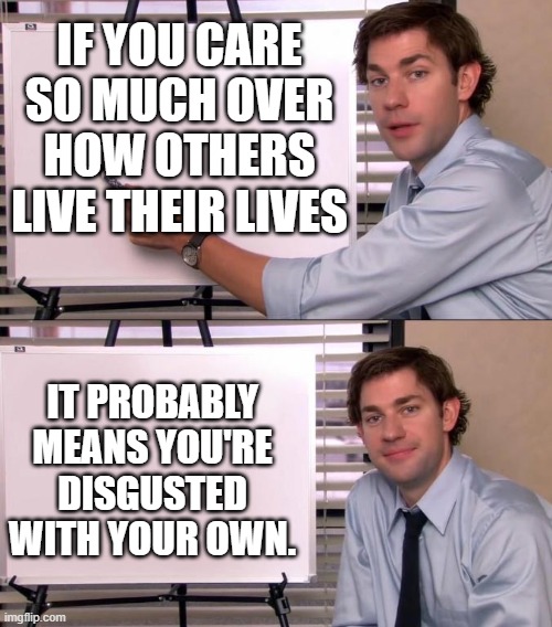 Jim Office Opinion | IF YOU CARE SO MUCH OVER HOW OTHERS LIVE THEIR LIVES; IT PROBABLY MEANS YOU'RE DISGUSTED WITH YOUR OWN. | image tagged in jim office opinion | made w/ Imgflip meme maker