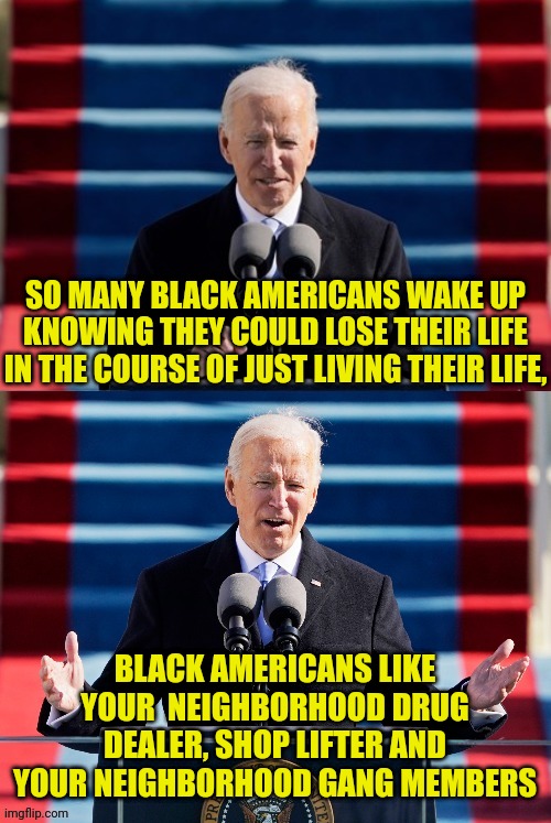 Everyday Black Americans Are Fine It's The Criminals Ya Idiot | SO MANY BLACK AMERICANS WAKE UP KNOWING THEY COULD LOSE THEIR LIFE IN THE COURSE OF JUST LIVING THEIR LIFE, BLACK AMERICANS LIKE YOUR  NEIGHBORHOOD DRUG DEALER, SHOP LIFTER AND YOUR NEIGHBORHOOD GANG MEMBERS | image tagged in joe biden,idiot,black,criminals,culture | made w/ Imgflip meme maker