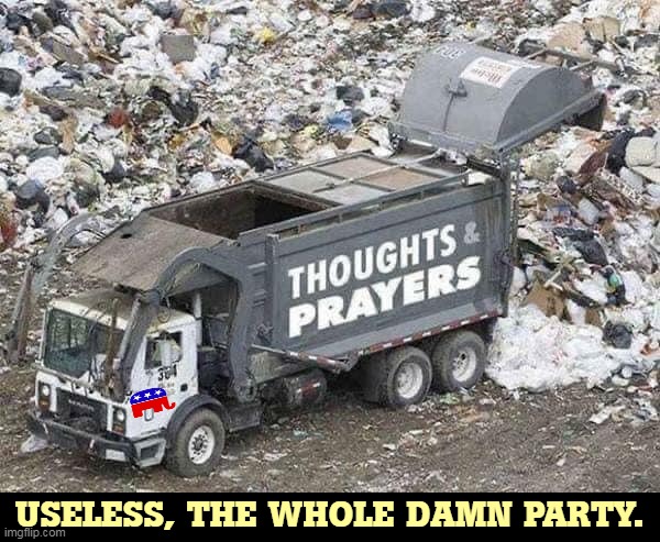 USELESS, THE WHOLE DAMN PARTY. | image tagged in thoughts,prayers,useless,republicans | made w/ Imgflip meme maker