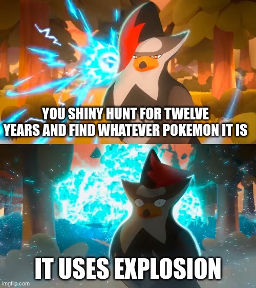 noooooo | YOU SHINY HUNT FOR TWELVE YEARS AND FIND WHATEVER POKEMON IT IS; IT USES EXPLOSION | image tagged in mandjtv staraptor template | made w/ Imgflip meme maker