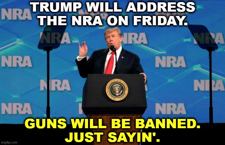 Haw! | TRUMP WILL ADDRESS THE NRA ON FRIDAY. GUNS WILL BE BANNED.
JUST SAYIN'. | image tagged in trump,coward,nra,guns,convention,sissy | made w/ Imgflip meme maker