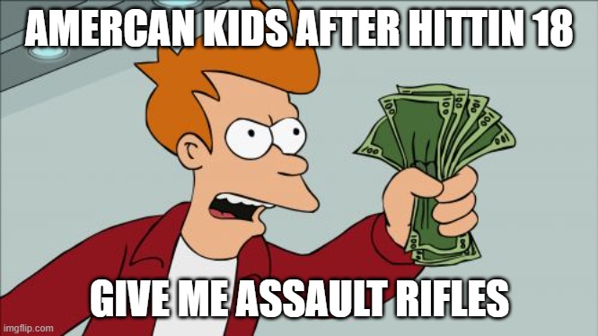 bang bang am depressed | AMERCAN KIDS AFTER HITTIN 18; GIVE ME ASSAULT RIFLES | image tagged in memes,shut up and take my money fry | made w/ Imgflip meme maker