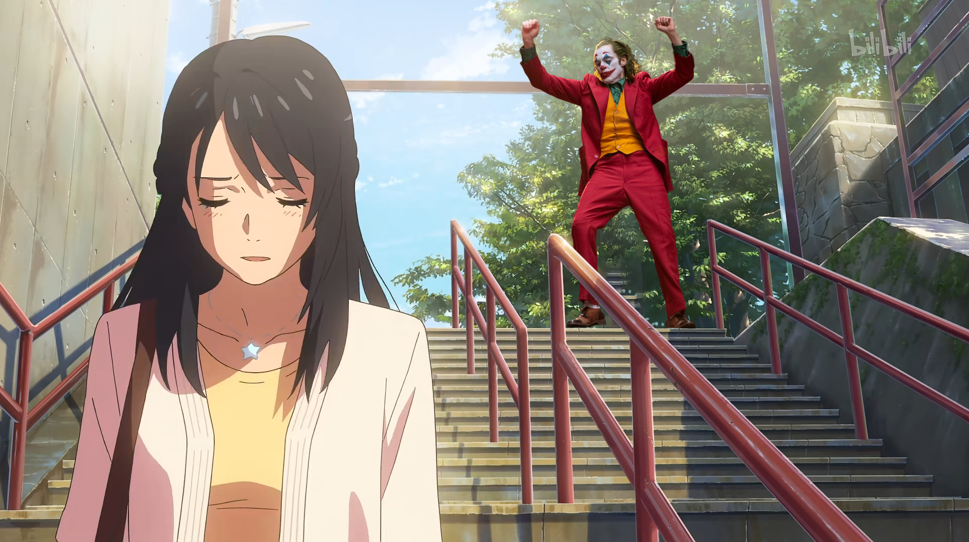 High Quality Dancing Joker and anime girl on steps Blank Meme Template