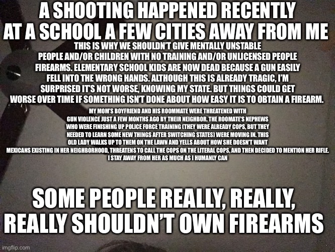 A SHOOTING HAPPENED RECENTLY AT A SCHOOL A FEW CITIES AWAY FROM ME; THIS IS WHY WE SHOULDN’T GIVE MENTALLY UNSTABLE PEOPLE AND/OR CHILDREN WITH NO TRAINING AND/OR UNLICENSED PEOPLE FIREARMS. ELEMENTARY SCHOOL KIDS ARE NOW DEAD BECAUSE A GUN EASILY FELL INTO THE WRONG HANDS. ALTHOUGH THIS IS ALREADY TRAGIC, I’M SURPRISED IT’S NOT WORSE, KNOWING MY STATE. BUT THINGS COULD GET WORSE OVER TIME IF SOMETHING ISN’T DONE ABOUT HOW EASY IT IS TO OBTAIN A FIREARM. MY MOM’S BOYFRIEND AND HIS ROOMMATE WERE THREATENED WITH GUN VIOLENCE JUST A FEW MONTHS AGO BY THEIR NEIGHBOR. THE ROOMATE’S NEPHEWS WHO WERE FINISHING UP POLICE FORCE TRAINING (THEY WERE ALREADY COPS, BUT THEY NEEDED TO LEARN SOME NEW THINGS AFTER SWITCHING STATES) WERE MOVING IN. THIS OLD LADY WALKS UP TO THEM ON THE LAWN AND YELLS ABOUT HOW SHE DOESN’T WANT MEXICANS EXISTING IN HER NEIGHBORHOOD, THREATENS TO CALL THE COPS ON THE LITERAL COPS, AND THEN DECIDED TO MENTION HER RIFLE.
I STAY AWAY FROM HER AS MUCH AS I HUMANLY CAN; SOME PEOPLE REALLY, REALLY, REALLY SHOULDN’T OWN FIREARMS | made w/ Imgflip meme maker