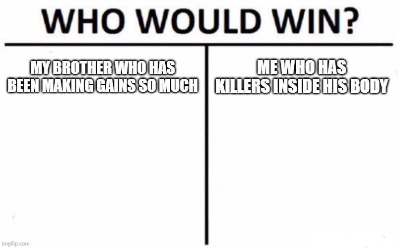 I have a secret and you don't get to know abt it | MY BROTHER WHO HAS BEEN MAKING GAINS SO MUCH; ME WHO HAS KILLERS INSIDE HIS BODY | image tagged in memes,who would win | made w/ Imgflip meme maker