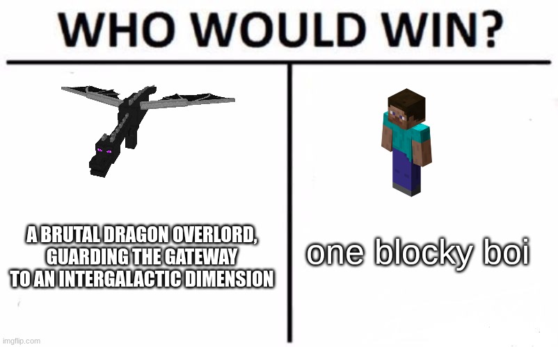 ender dragon = silly goose |  one blocky boi; A BRUTAL DRAGON OVERLORD, GUARDING THE GATEWAY TO AN INTERGALACTIC DIMENSION | image tagged in memes,who would win,minecraft | made w/ Imgflip meme maker