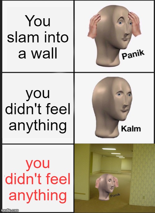 OH NO | You slam into a wall; you didn't feel anything; you didn't feel anything | image tagged in panik kalm panik,the backrooms,backrooms,oh wow are you actually reading these tags,stop reading the tags | made w/ Imgflip meme maker