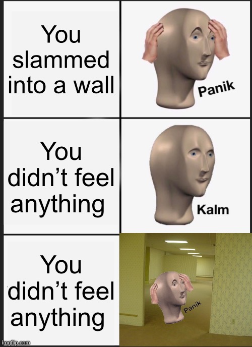 Big oof | You slammed into a wall; You didn’t feel anything; You didn’t feel anything | image tagged in memes,panik kalm panik,oh wow are you actually reading these tags,stop,the backrooms | made w/ Imgflip meme maker