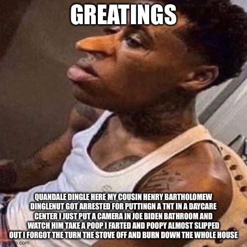 Greatings Quandale Dingle here | GREATINGS; QUANDALE DINGLE HERE MY COUSIN HENRY BARTHOLOMEW DINGLENUT GOT ARRESTED FOR PUTTINGN A TNT IN A DAYCARE CENTER I JUST PUT A CAMERA IN JOE BIDEN BATHROOM AND WATCH HIM TAKE A POOP I FARTED AND POOPY ALMOST SLIPPED OUT I FORGOT THE TURN THE STOVE OFF AND BURN DOWN THE WHOLE HOUSE | image tagged in quandale dingle | made w/ Imgflip meme maker