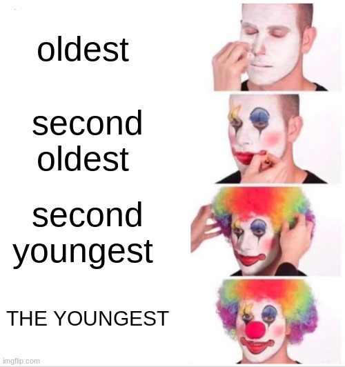 (crickets)No comment | oldest; second oldest; second youngest; THE YOUNGEST | image tagged in memes,clown applying makeup | made w/ Imgflip meme maker