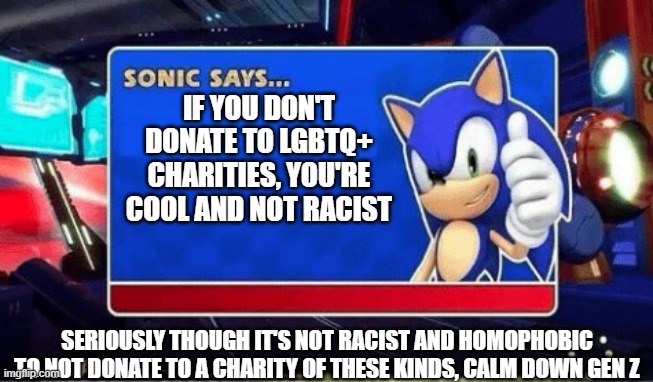 sonic says | IF YOU DON'T DONATE TO LGBTQ+ CHARITIES, YOU'RE COOL AND NOT RACIST; SERIOUSLY THOUGH IT'S NOT RACIST AND HOMOPHOBIC TO NOT DONATE TO A CHARITY OF THESE KINDS, CALM DOWN GEN Z | image tagged in sonic says | made w/ Imgflip meme maker