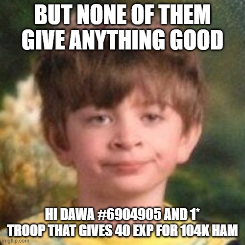 Annoyed face | BUT NONE OF THEM GIVE ANYTHING GOOD; HI DAWA #6904905 AND 1* TROOP THAT GIVES 40 EXP FOR 104K HAM | image tagged in annoyed face | made w/ Imgflip meme maker