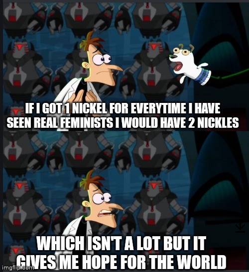 Hope | IF I GOT 1 NICKEL FOR EVERYTIME I HAVE SEEN REAL FEMINISTS I WOULD HAVE 2 NICKLES; WHICH ISN'T A LOT BUT IT GIVES ME HOPE FOR THE WORLD | image tagged in 2 nickels | made w/ Imgflip meme maker
