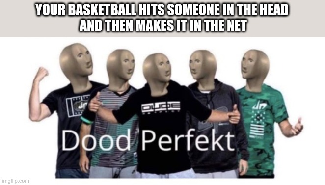 Dood perfekt |  YOUR BASKETBALL HITS SOMEONE IN THE HEAD
 AND THEN MAKES IT IN THE NET | image tagged in dood perfekt,trick shot,lol so funny,facts,lets go,true | made w/ Imgflip meme maker