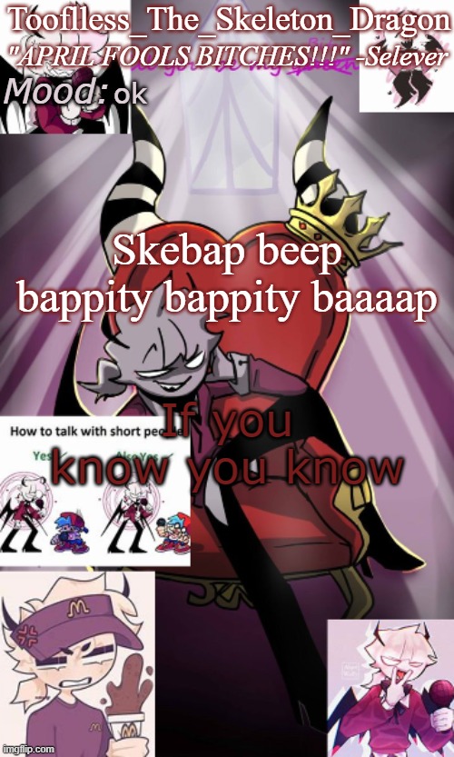 Skebap beep bappity skdoo skbep beepbop!!!! (I'm saying the words you can't say) | ok; Skebap beep bappity bappity baaaap; If you know you know | image tagged in tooflless/skids selever temp | made w/ Imgflip meme maker
