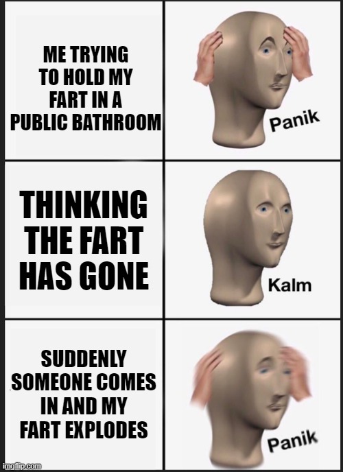 FART MAYHEM | ME TRYING TO HOLD MY FART IN A PUBLIC BATHROOM; THINKING THE FART HAS GONE; SUDDENLY SOMEONE COMES IN AND MY FART EXPLODES | image tagged in memes,panik kalm panik | made w/ Imgflip meme maker