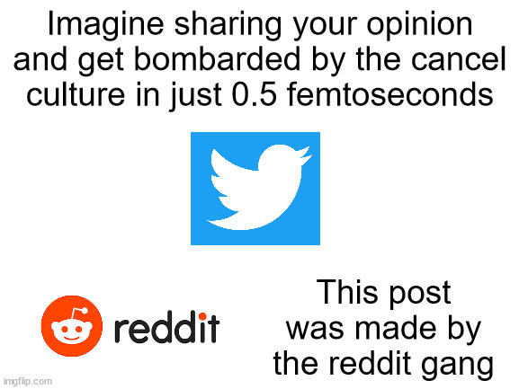 Reddit Rules Twitter Drools! | Imagine sharing your opinion and get bombarded by the cancel culture in just 0.5 femtoseconds; This post was made by the reddit gang | image tagged in blank white template | made w/ Imgflip meme maker