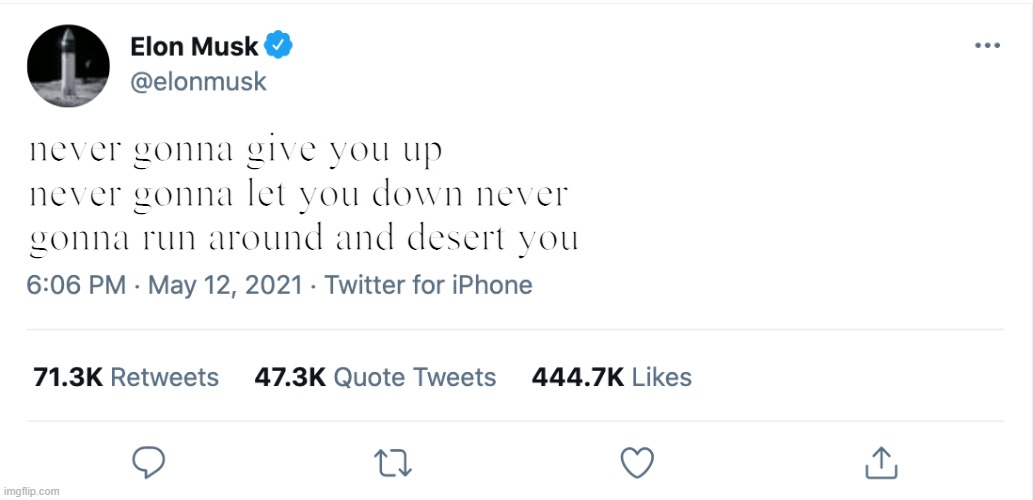 elon musk ricked rolled you!!!!!!! | never gonna give you up never gonna let you down never gonna run around and desert you | image tagged in elon musk blank tweet | made w/ Imgflip meme maker