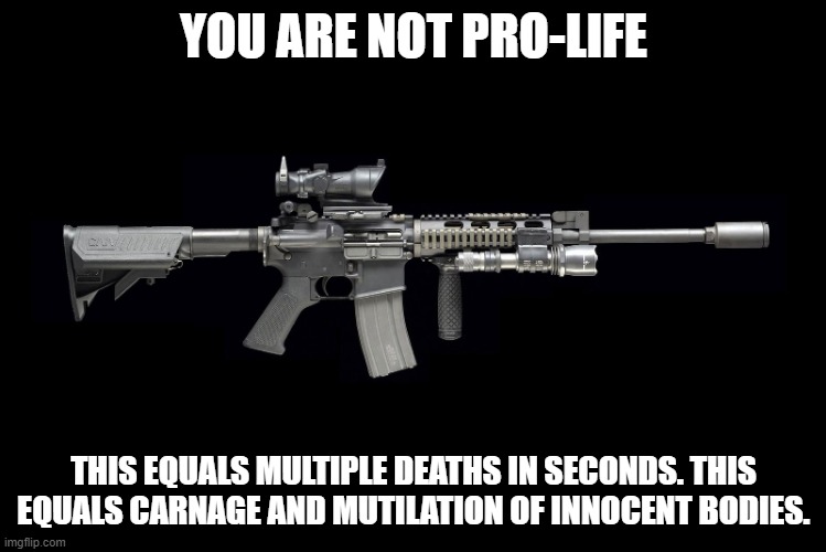 AR15 AR-15 PRO-LIFE GUN CONTROL SCHOOL SHOOTINGS |  YOU ARE NOT PRO-LIFE; THIS EQUALS MULTIPLE DEATHS IN SECONDS. THIS EQUALS CARNAGE AND MUTILATION OF INNOCENT BODIES. | image tagged in ar15 | made w/ Imgflip meme maker