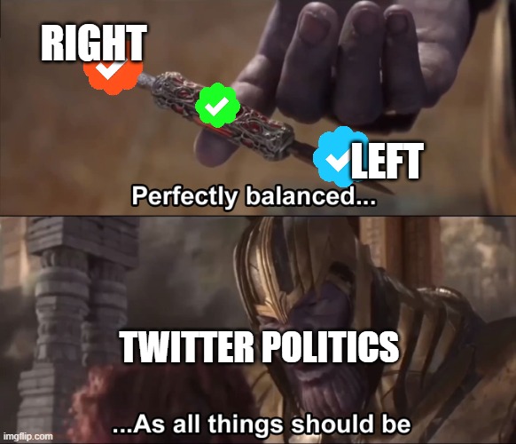 Twitter Politics | RIGHT; LEFT; TWITTER POLITICS | image tagged in thanos perfectly balanced as all things should be | made w/ Imgflip meme maker