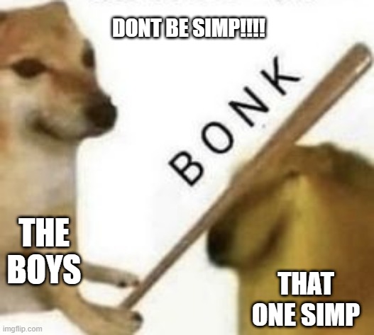 Bonk | DONT BE SIMP!!!! THE BOYS THAT ONE SIMP | image tagged in bonk | made w/ Imgflip meme maker