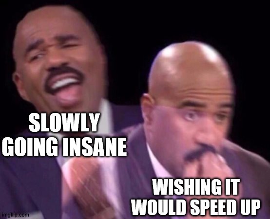 Steve Harvey Laughing Serious | SLOWLY GOING INSANE; WISHING IT WOULD SPEED UP | image tagged in steve harvey laughing serious | made w/ Imgflip meme maker