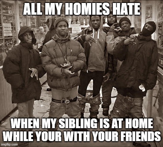 very relatable | ALL MY HOMIES HATE; WHEN MY SIBLING IS AT HOME WHILE YOUR WITH YOUR FRIENDS | image tagged in all my homies hate | made w/ Imgflip meme maker