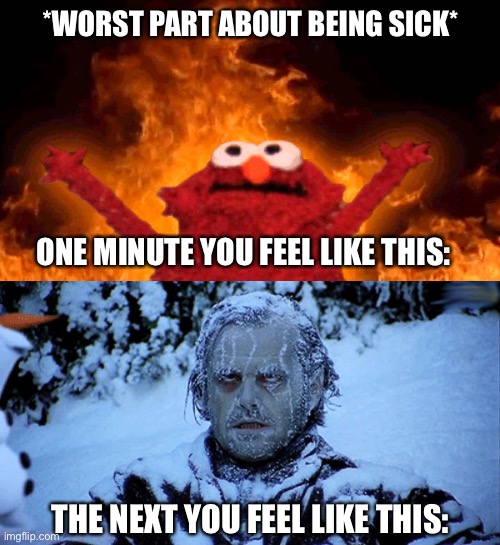 Worst Part About Being Sick Hot and Cold | *WORST PART ABOUT BEING SICK*; ONE MINUTE YOU FEEL LIKE THIS:; THE NEXT YOU FEEL LIKE THIS: | image tagged in elmo fire,freezing cold,sick,memes about being sick,hot and cold | made w/ Imgflip meme maker