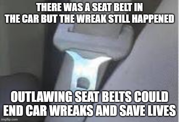 Anti-gun arguments are this stupid | THERE WAS A SEAT BELT IN THE CAR BUT THE WREAK STILL HAPPENED; OUTLAWING SEAT BELTS COULD END CAR WREAKS AND SAVE LIVES | image tagged in hot seatbelt buckle,2nd amendment,save lives outlaw progressives,disarm democrats,anti-gun insanity,ban seatbelts | made w/ Imgflip meme maker