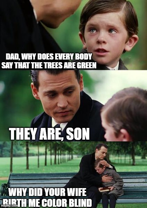 does anyone else relate to this???!! | DAD, WHY DOES EVERY BODY SAY THAT THE TREES ARE GREEN; THEY ARE, SON; WHY DID YOUR WIFE BIRTH ME COLOR BLIND | image tagged in memes,finding neverland | made w/ Imgflip meme maker