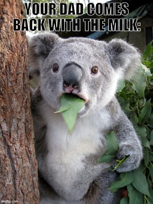 Surprised Koala |  YOUR DAD COMES BACK WITH THE MILK: | image tagged in memes,surprised koala | made w/ Imgflip meme maker