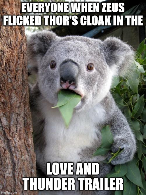 They should've kept it in the movie. | EVERYONE WHEN ZEUS FLICKED THOR'S CLOAK IN THE; LOVE AND THUNDER TRAILER | image tagged in memes,surprised koala | made w/ Imgflip meme maker