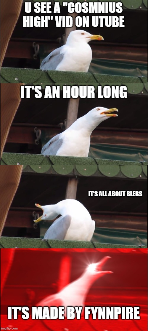 Inhaling Seagull Meme | U SEE A "COSMNIUS HIGH" VID ON UTUBE; IT'S AN HOUR LONG; IT'S ALL ABOUT BLEBS; IT'S MADE BY FYNNPIRE | image tagged in memes,bleb,inhaling seagull,meme,bruh,dank | made w/ Imgflip meme maker