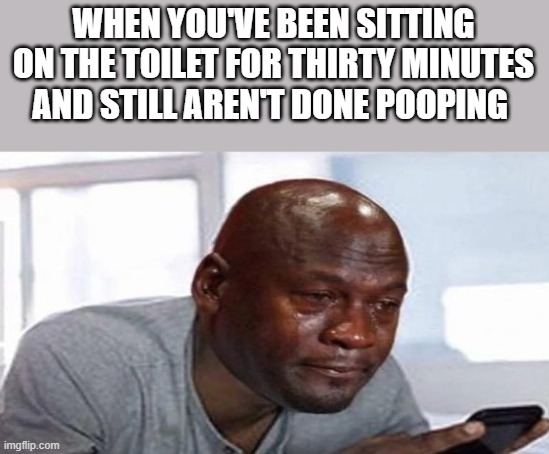 Still Aren't Done Pooping | WHEN YOU'VE BEEN SITTING ON THE TOILET FOR THIRTY MINUTES AND STILL AREN'T DONE POOPING | image tagged in pooping,sitting on the toilet,michael jordan,crying michael jordan,funny,memes | made w/ Imgflip meme maker