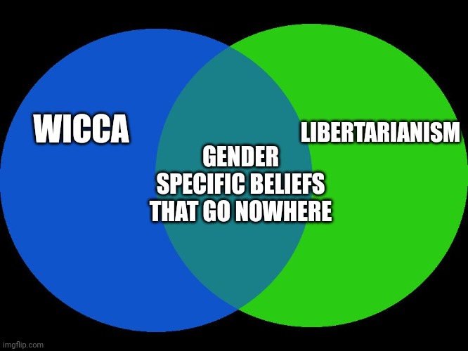 Venn Comparison | LIBERTARIANISM; WICCA; GENDER SPECIFIC BELIEFS THAT GO NOWHERE | image tagged in venn comparison | made w/ Imgflip meme maker