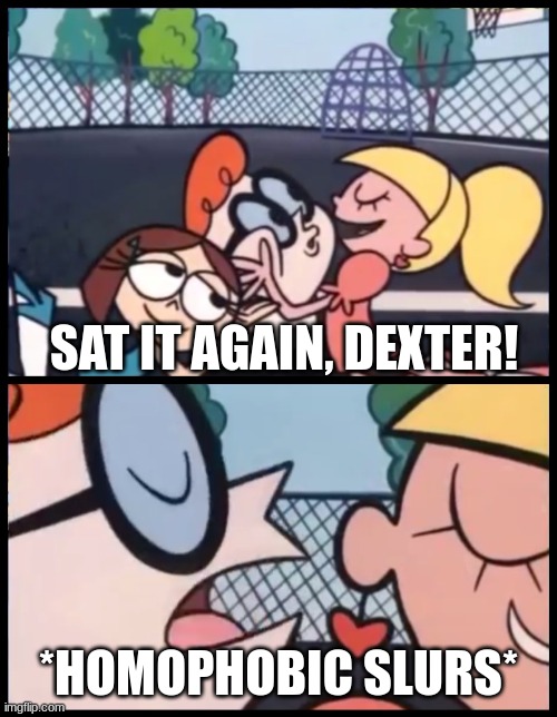 Say it Again, Dexter Meme | SAT IT AGAIN, DEXTER! *HOMOPHOBIC SLURS* | image tagged in memes,say it again dexter | made w/ Imgflip meme maker