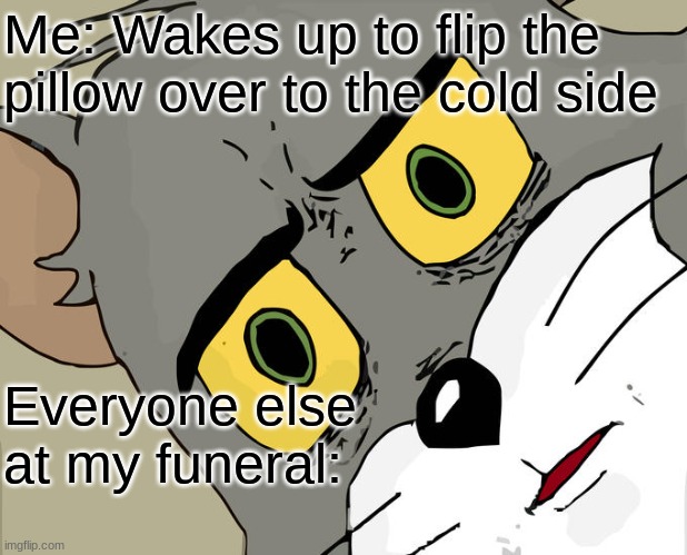 Unsettled Tom |  Me: Wakes up to flip the pillow over to the cold side; Everyone else at my funeral: | image tagged in memes,unsettled tom | made w/ Imgflip meme maker