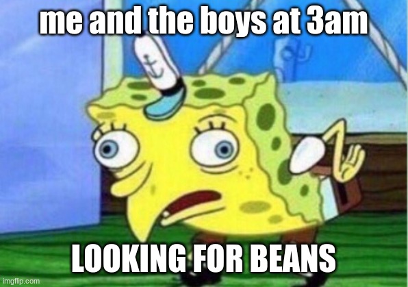 Mocking Spongebob Meme | me and the boys at 3am; LOOKING FOR BEANS | image tagged in memes,mocking spongebob | made w/ Imgflip meme maker