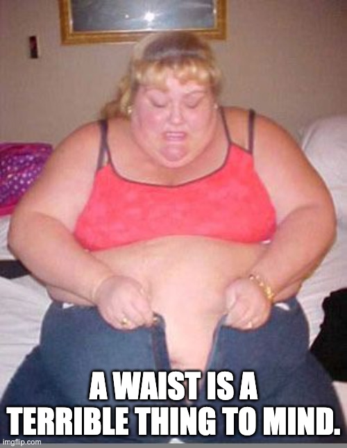 Waist | A WAIST IS A TERRIBLE THING TO MIND. | image tagged in fat lady pants | made w/ Imgflip meme maker