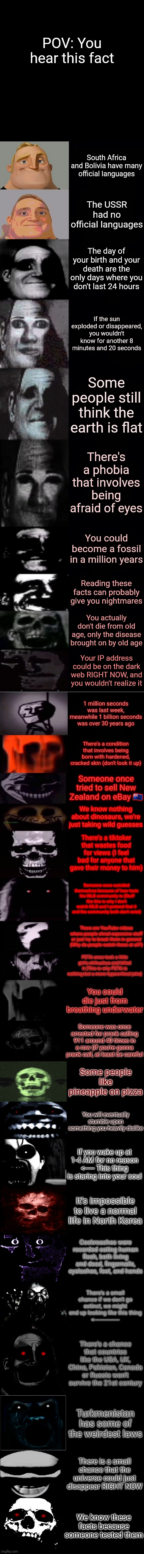 Disturbing facts 7 | POV: You hear this fact; South Africa and Bolivia have many official languages; The USSR had no official languages; The day of your birth and your death are the only days where you don't last 24 hours; If the sun exploded or disappeared, you wouldn't know for another 8 minutes and 20 seconds; Some people still think the earth is flat; There's a phobia that involves being afraid of eyes; You could become a fossil in a million years; Reading these facts can probably give you nightmares; You actually don't die from old age, only the disease brought on by old age; Your IP address could be on the dark web RIGHT NOW, and you wouldn't realize it; 1 million seconds was last week, meanwhile 1 billion seconds was over 30 years ago; There's a condition that involves being born with hardened, cracked skin (don't look it up); Someone once tried to sell New Zealand on eBay 🇳🇿; We know nothing about dinosaurs, we're just taking wild guesses; There's a tiktoker that wastes food for views (I feel bad for anyone that gave their money to him); Someone once suicided themselves because of how toxic  the MLB community is (Stuff like this is why I don't watch MLB and I pretend that it and the community both don't exist); There are YouTube videos where people shred expensive stuff or just try to break them in general (Why do people watch these at all?); PETA once took a little girl'a chihuahua and killed it (This is why PETA is nothing but a mere hypocritical joke); You could die just from breathing underwater; Someone was once arrested for prank calling 911 around 40 times in a row (If you're gonna prank call, at least be careful; Some people like pineapple on pizza; You will eventually stumble upon something you heavily dislike; If you wake up at 1-4 AM for no reason
<----- This thing is staring into your soul; It's impossible to live a normal life in North Korea; Cockroaches were recorded eating human flesh, both living and dead, fingernails, eyelashes, feet, and hands; There's a small chance if we don't go extinct, we might end up looking like this thing
<----------------; There's a chance that countries like the USA, UK, China, Pakistan, Canada or Russia won't survive the 21st century; Turkmenistan has some of the weirdest laws; There is a small chance that the universe could just disappear RIGHT NOW; We know these facts because someone tested them | image tagged in mr incredible becoming uncanny the official 2nd extension | made w/ Imgflip meme maker