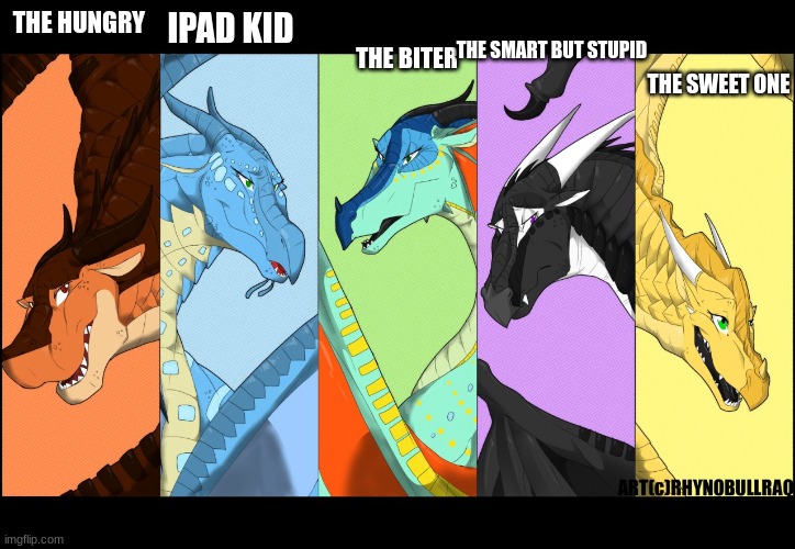 who is this in your friend group | THE BITER; IPAD KID; THE HUNGRY; THE SMART BUT STUPID; THE SWEET ONE | image tagged in the dragonnettes of wof please use five for best,wof,sunny,clay,dragons | made w/ Imgflip meme maker