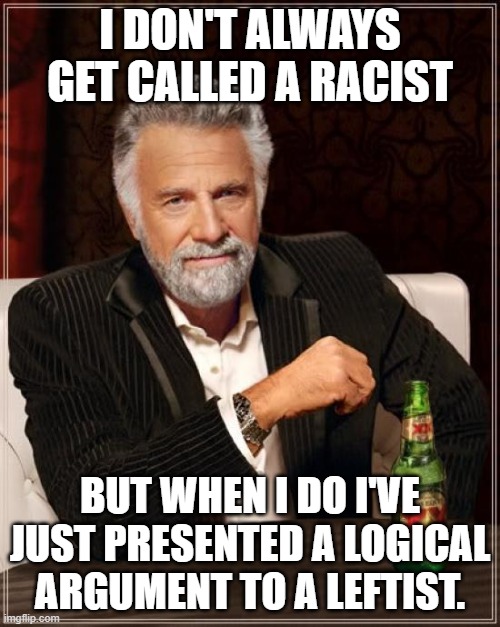 Using Logic | I DON'T ALWAYS GET CALLED A RACIST; BUT WHEN I DO I'VE JUST PRESENTED A LOGICAL ARGUMENT TO A LEFTIST. | image tagged in memes,the most interesting man in the world | made w/ Imgflip meme maker