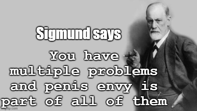 Signmund says you have problems and penis envy is part of all of them | You have multiple problems and penis envy is part of all of them; Sigmund says | image tagged in sigmund freud,psychology,penis,envy,funny,humor | made w/ Imgflip meme maker