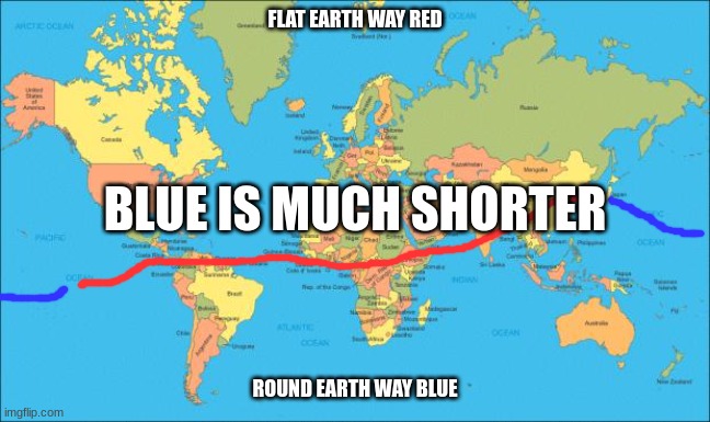 world map | FLAT EARTH WAY RED ROUND EARTH WAY BLUE BLUE IS MUCH SHORTER | image tagged in world map | made w/ Imgflip meme maker