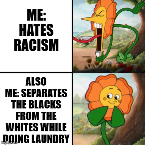 The Horrible Truth |  ME: HATES RACISM; ALSO ME: SEPARATES THE BLACKS FROM THE WHITES WHILE DOING LAUNDRY | image tagged in cuphead flower,laundry,black,white,racism | made w/ Imgflip meme maker